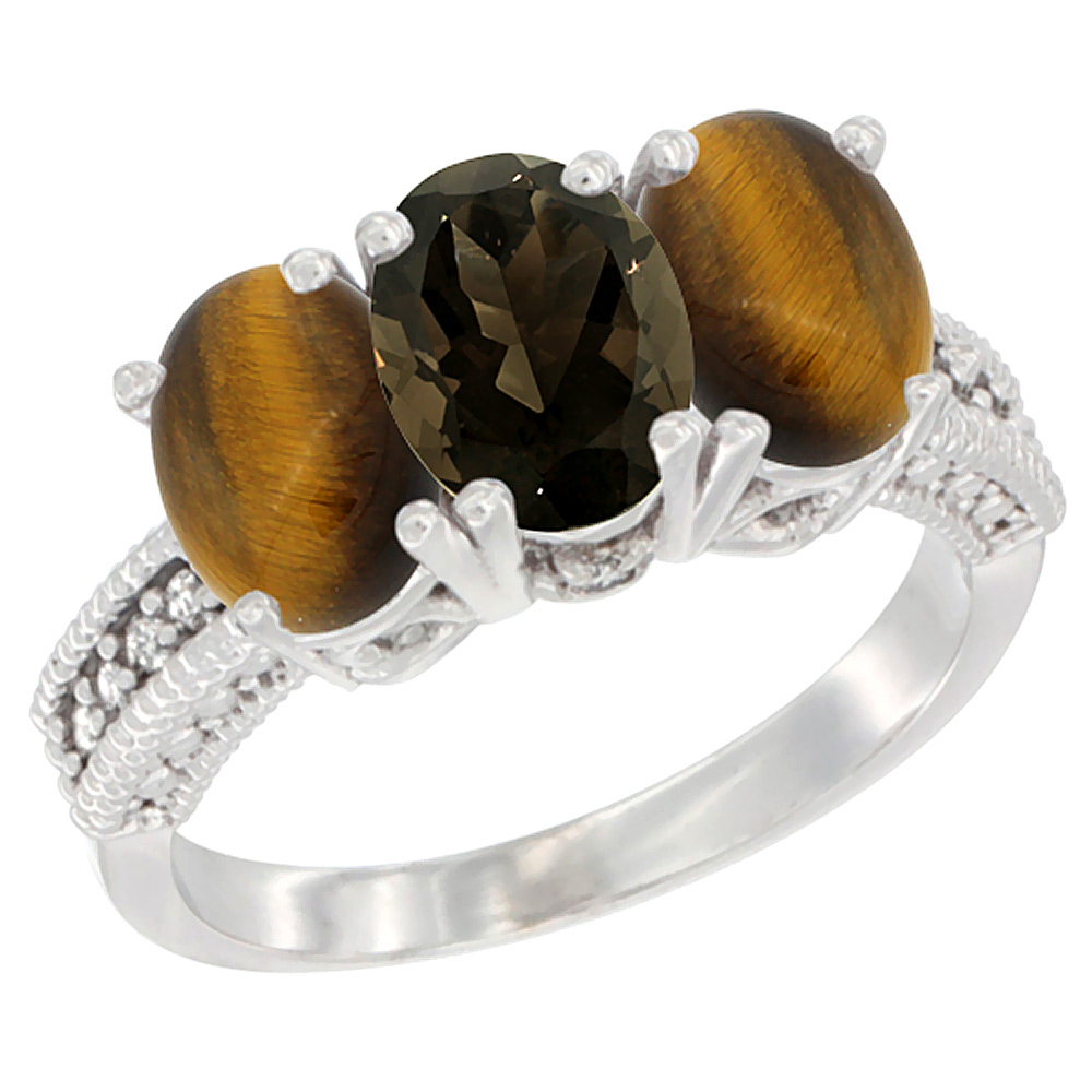 14K White Gold Natural Smoky Topaz &amp; Tiger Eye Sides Ring 3-Stone 7x5 mm Oval Diamond Accent, sizes 5 - 10