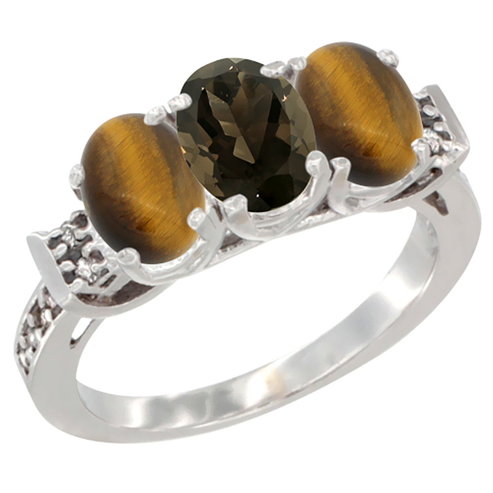 14K White Gold Natural Smoky Topaz & Tiger Eye Sides Ring 3-Stone Oval 7x5 mm Diamond Accent, sizes 5 - 10