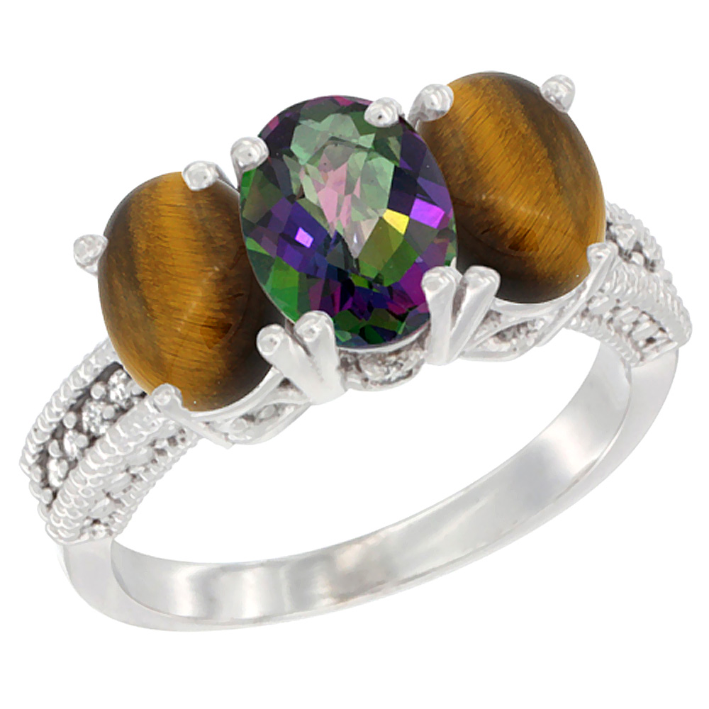 10K White Gold Diamond Natural Mystic Topaz & Tiger Eye Ring 3-Stone 7x5 mm Oval, sizes 5 - 10