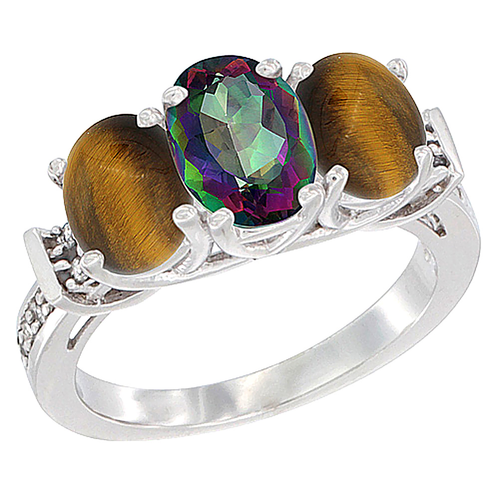 10K White Gold Natural Mystic Topaz & Tiger Eye Sides Ring 3-Stone Oval Diamond Accent, sizes 5 - 10