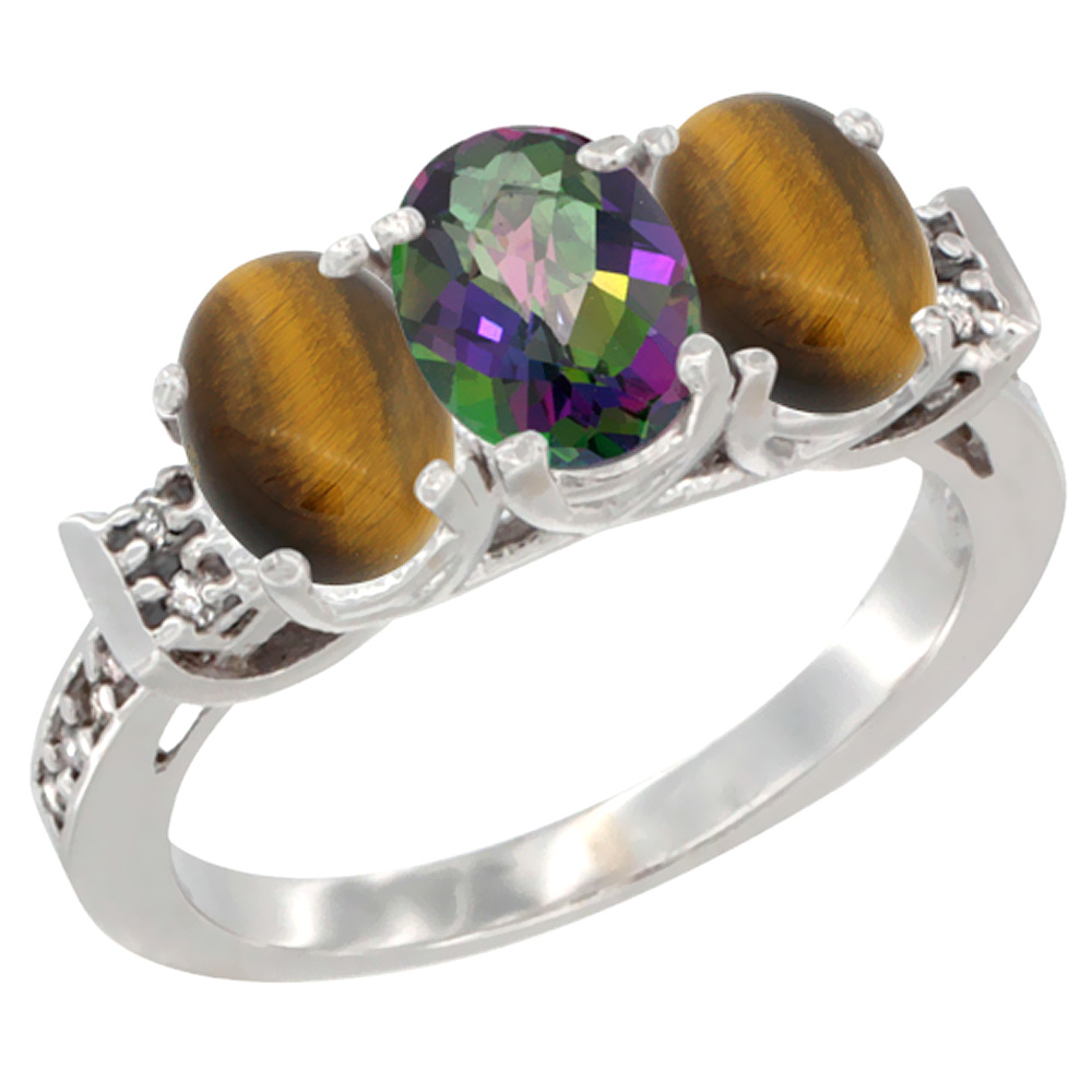 10K White Gold Natural Mystic Topaz & Tiger Eye Sides Ring 3-Stone Oval 7x5 mm Diamond Accent, sizes 5 - 10