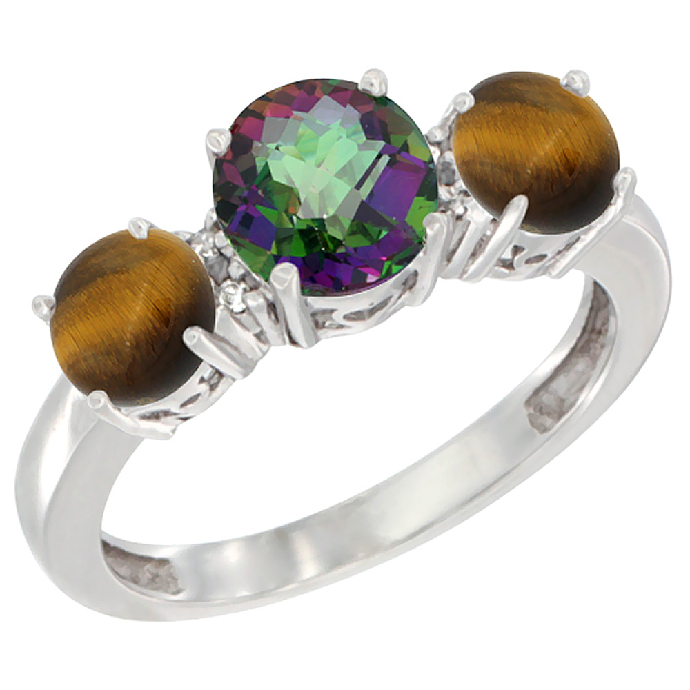 10K White Gold Round 3-Stone Natural Mystic Topaz Ring & Tiger Eye Sides Diamond Accent, sizes 5 - 10