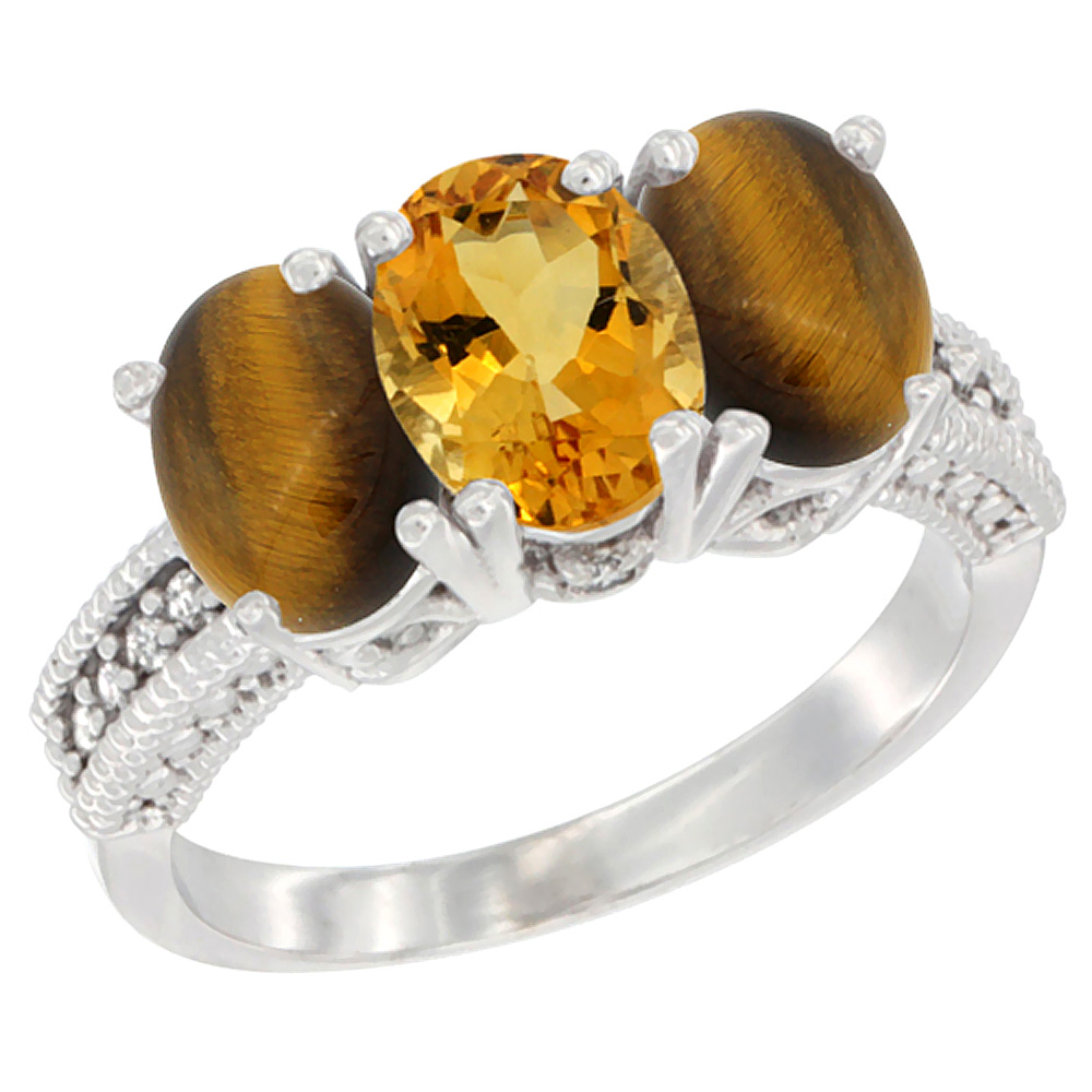 14K White Gold Natural Citrine &amp; Tiger Eye Sides Ring 3-Stone 7x5 mm Oval Diamond Accent, sizes 5 - 10