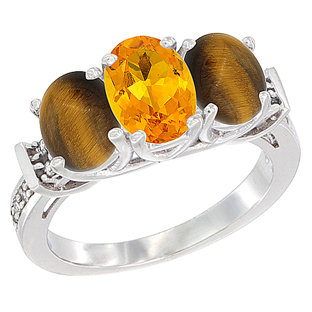 14K White Gold Natural Citrine &amp; Tiger Eye Sides Ring 3-Stone Oval Diamond Accent, sizes 5 - 10