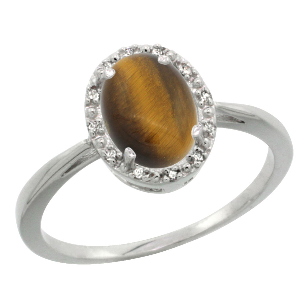 14K White Gold Natural Tiger Eye Diamond Halo Ring Oval 8X6mm, sizes 5-10