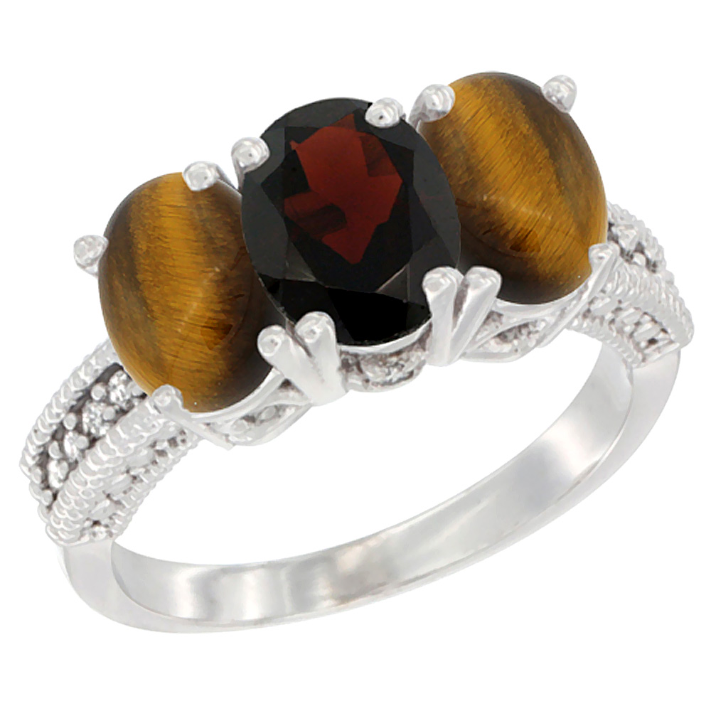 14K White Gold Natural Garnet & Tiger Eye Sides Ring 3-Stone 7x5 mm Oval Diamond Accent, sizes 5 - 10