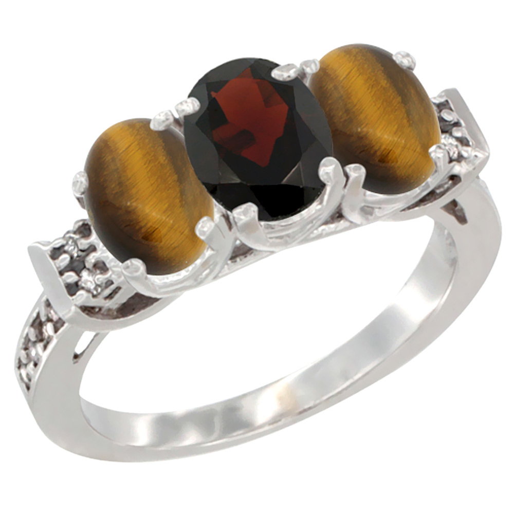 14K White Gold Natural Garnet & Tiger Eye Sides Ring 3-Stone Oval 7x5 mm Diamond Accent, sizes 5 - 10