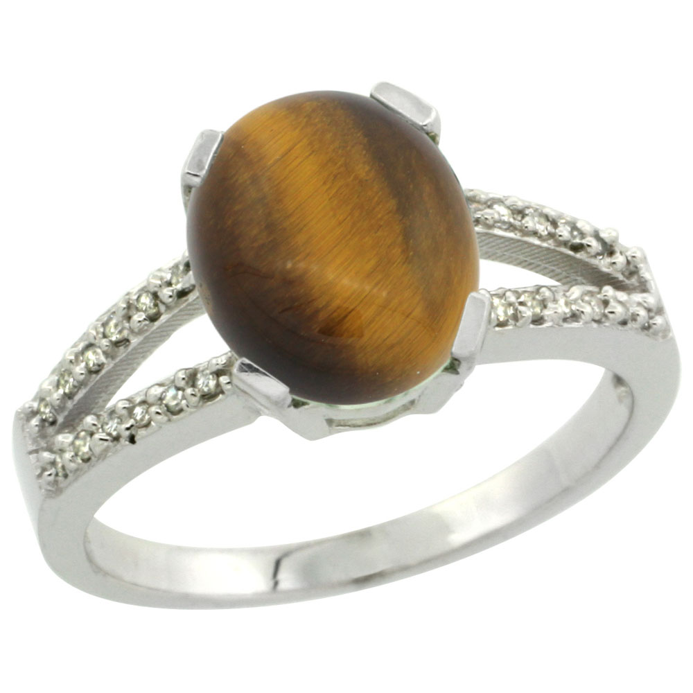 10K White Gold Diamond Natural Tiger Eye Engagement Ring Oval 10x8mm, sizes 5-10