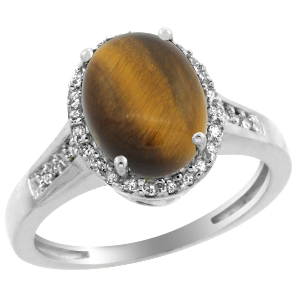 14K White Gold Diamond Natural Tiger Eye Engagement Ring Oval 10x8mm, sizes 5-10