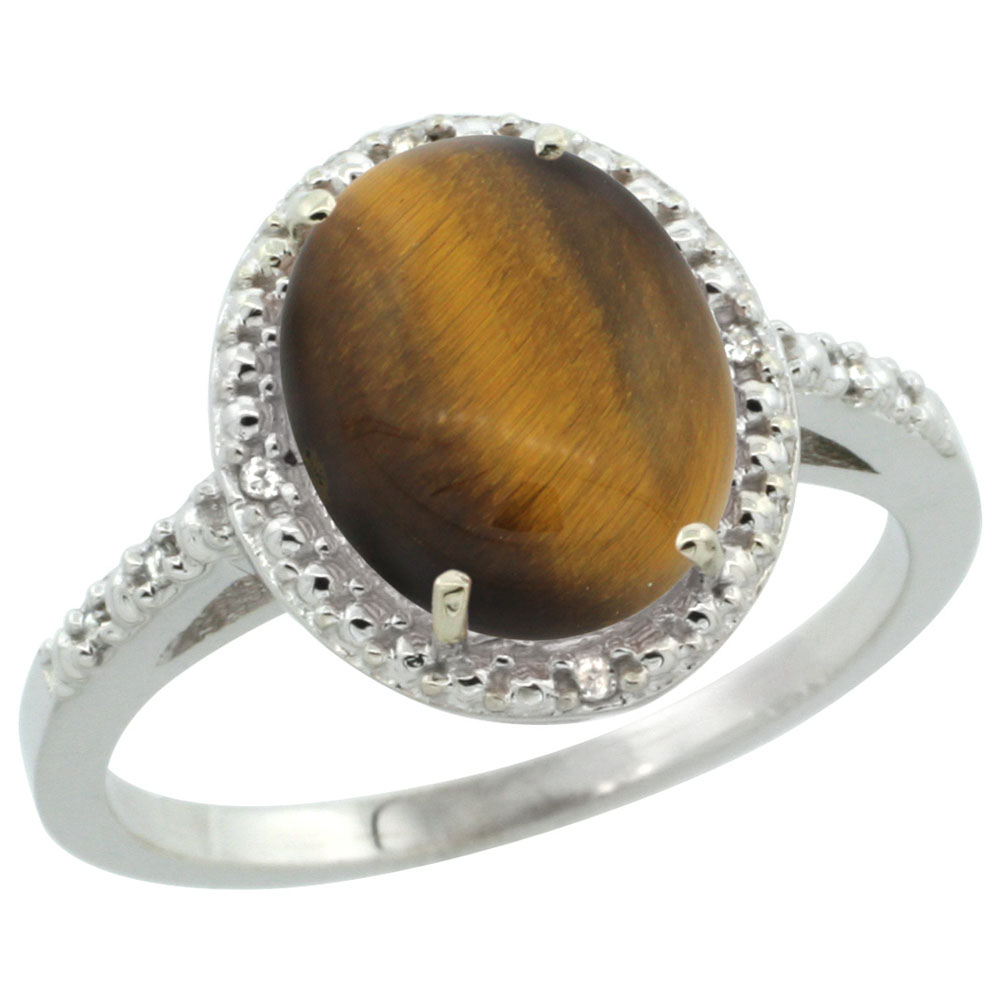 14K White Gold Diamond Natural Tiger Eye Engagement Ring Oval 10x8mm, sizes 5-10