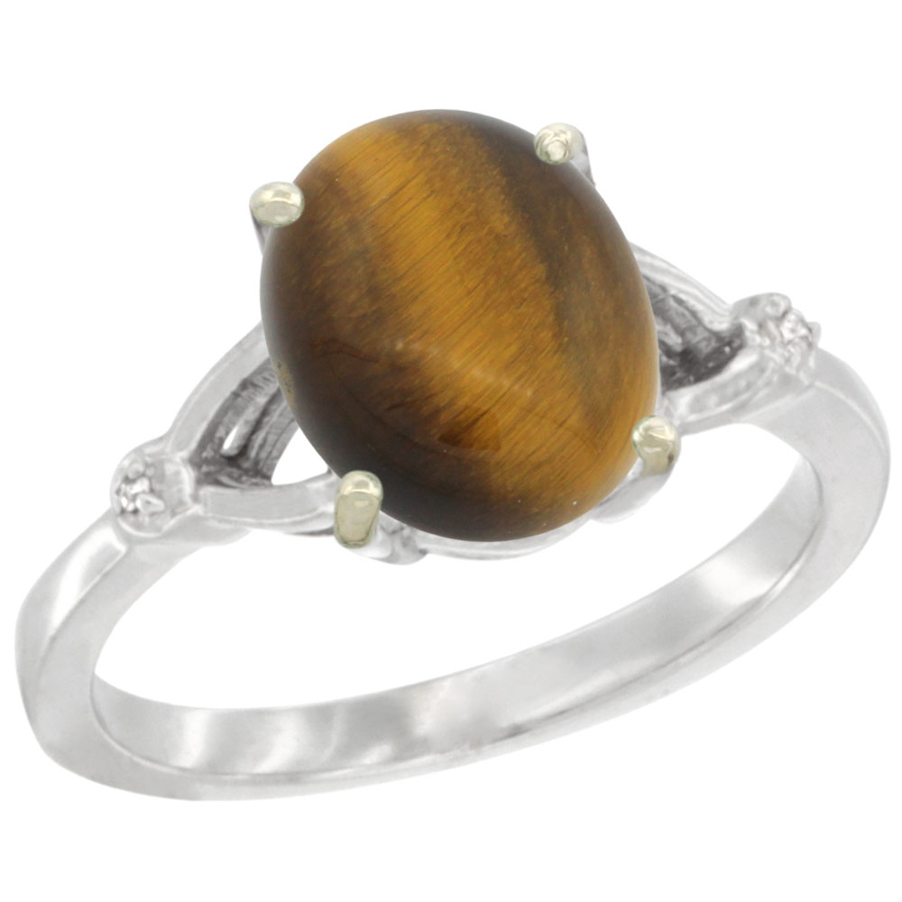 10K WHITE GOLD SIMPLE LARGE 4 PRONG 10X8MM OVAL TIGER EYE ENGAGEMENT RING FOR WOMEN 3/8 INCH WIDE SIZES 6-10