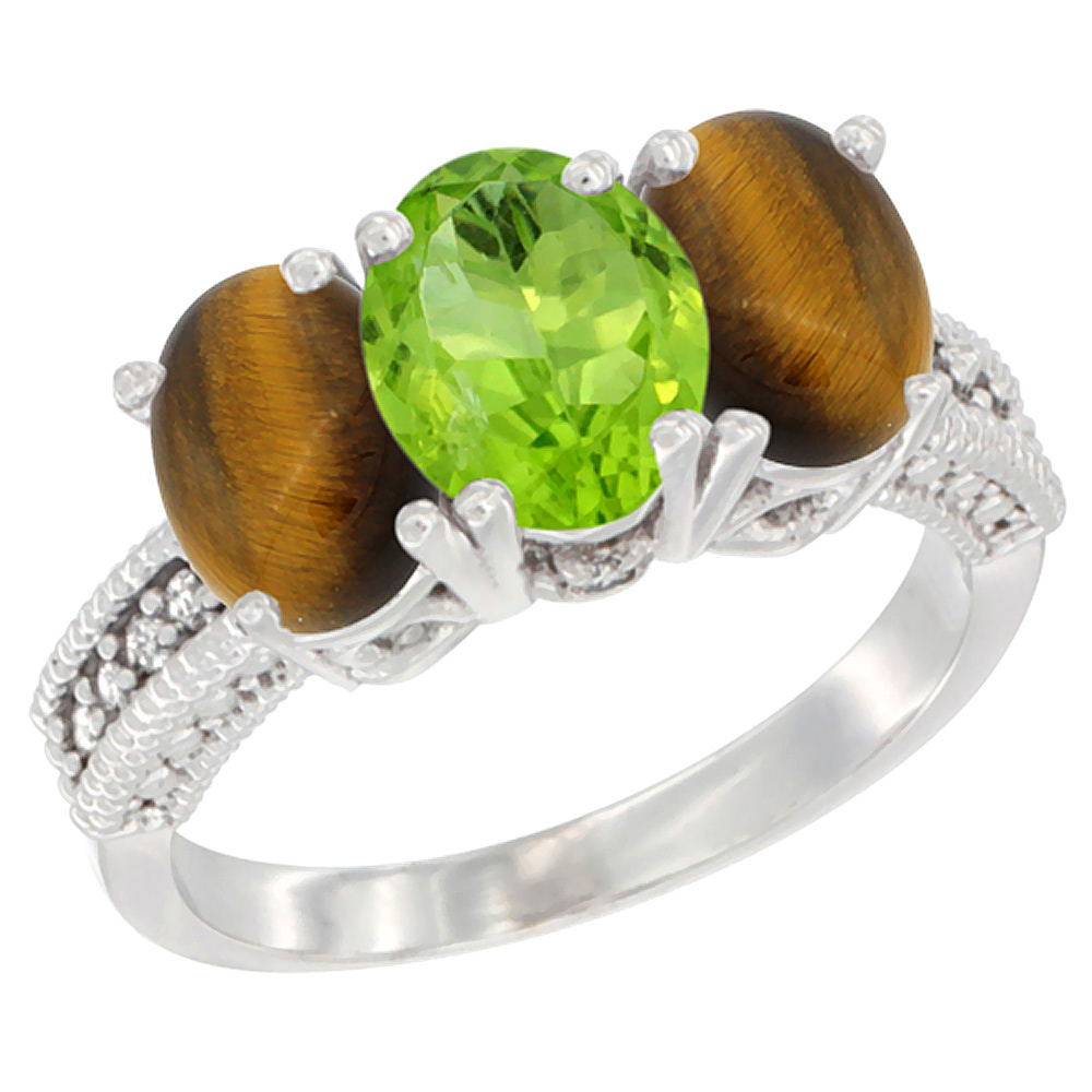 14K White Gold Natural Peridot & Tiger Eye Sides Ring 3-Stone 7x5 mm Oval Diamond Accent, sizes 5 - 10