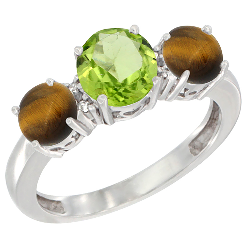 10K White Gold Round 3-Stone Natural Peridot Ring & Tiger Eye Sides Diamond Accent, sizes 5 - 10