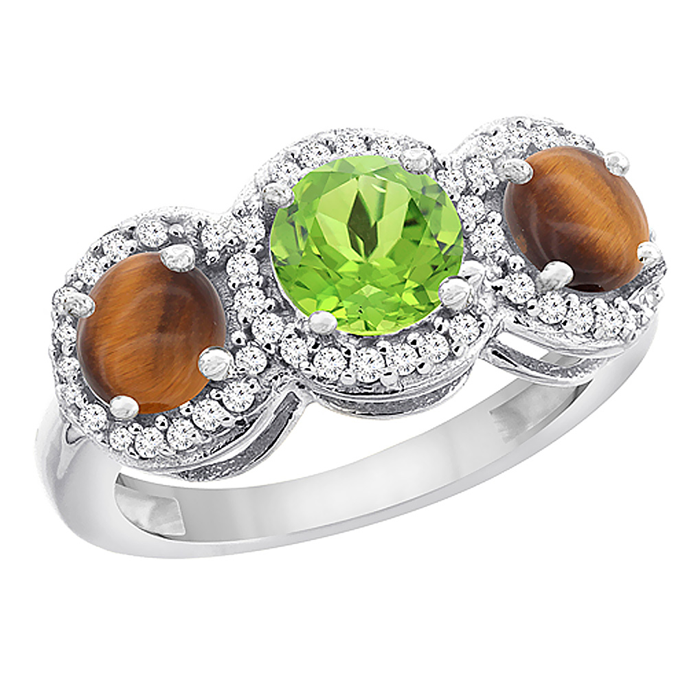 14K White Gold Natural Peridot & Tiger Eye Sides Round 3-stone Ring Diamond Accents, sizes 5 - 10