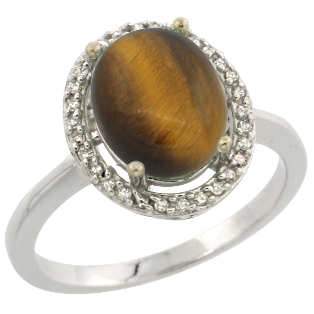 14K White Gold Diamond Natural Tiger Eye Engagement Ring Oval 10x8mm, sizes 5-10