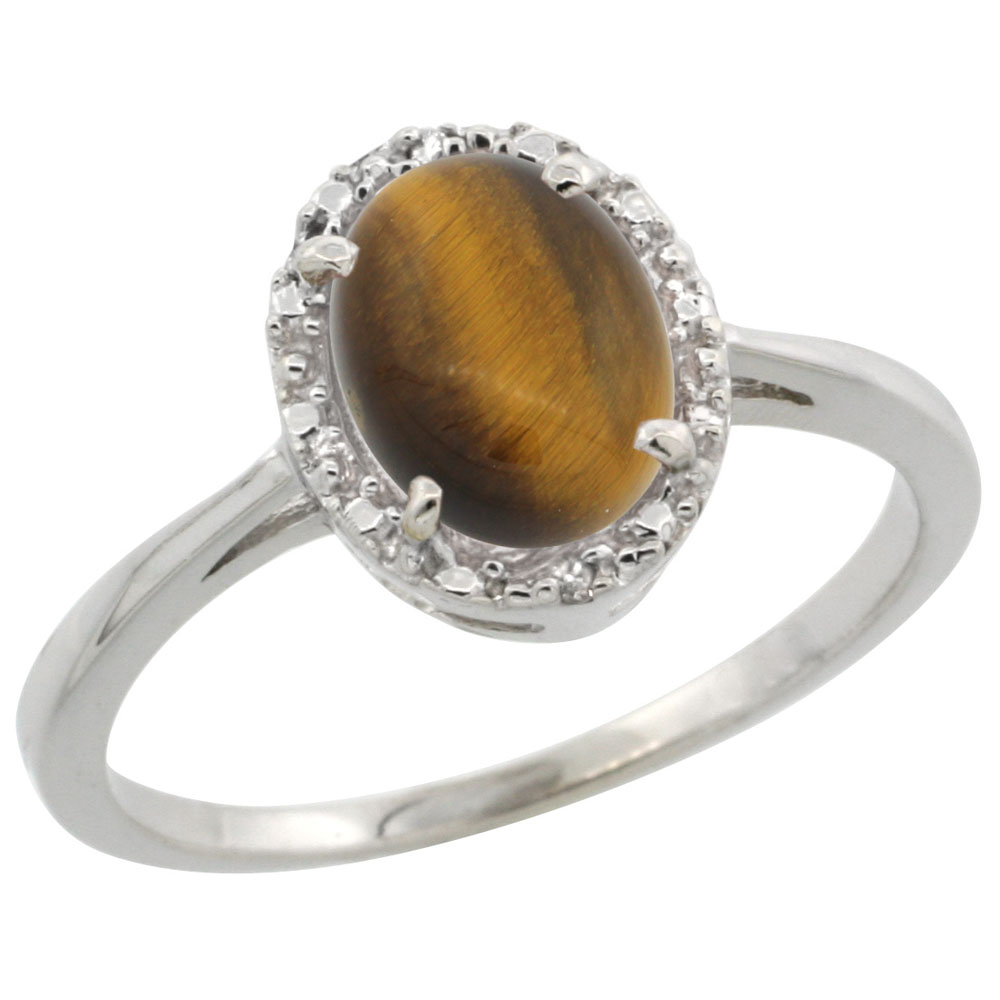 14K White Gold Natural Tiger Eye Ring Oval 8x6 mm Diamond Halo, sizes 5-10