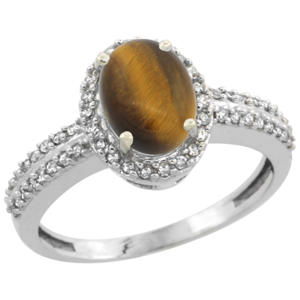 10k White Gold Natural Tiger Eye Ring Oval 8x6mm Diamond Halo, sizes 5-10