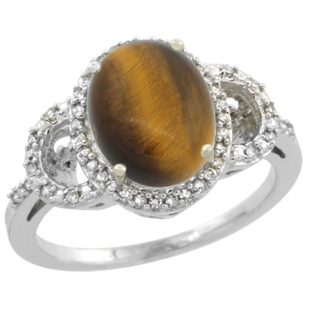 14K White Gold Diamond Natural Tiger Eye Engagement Ring Oval 10x8mm, sizes 5-10