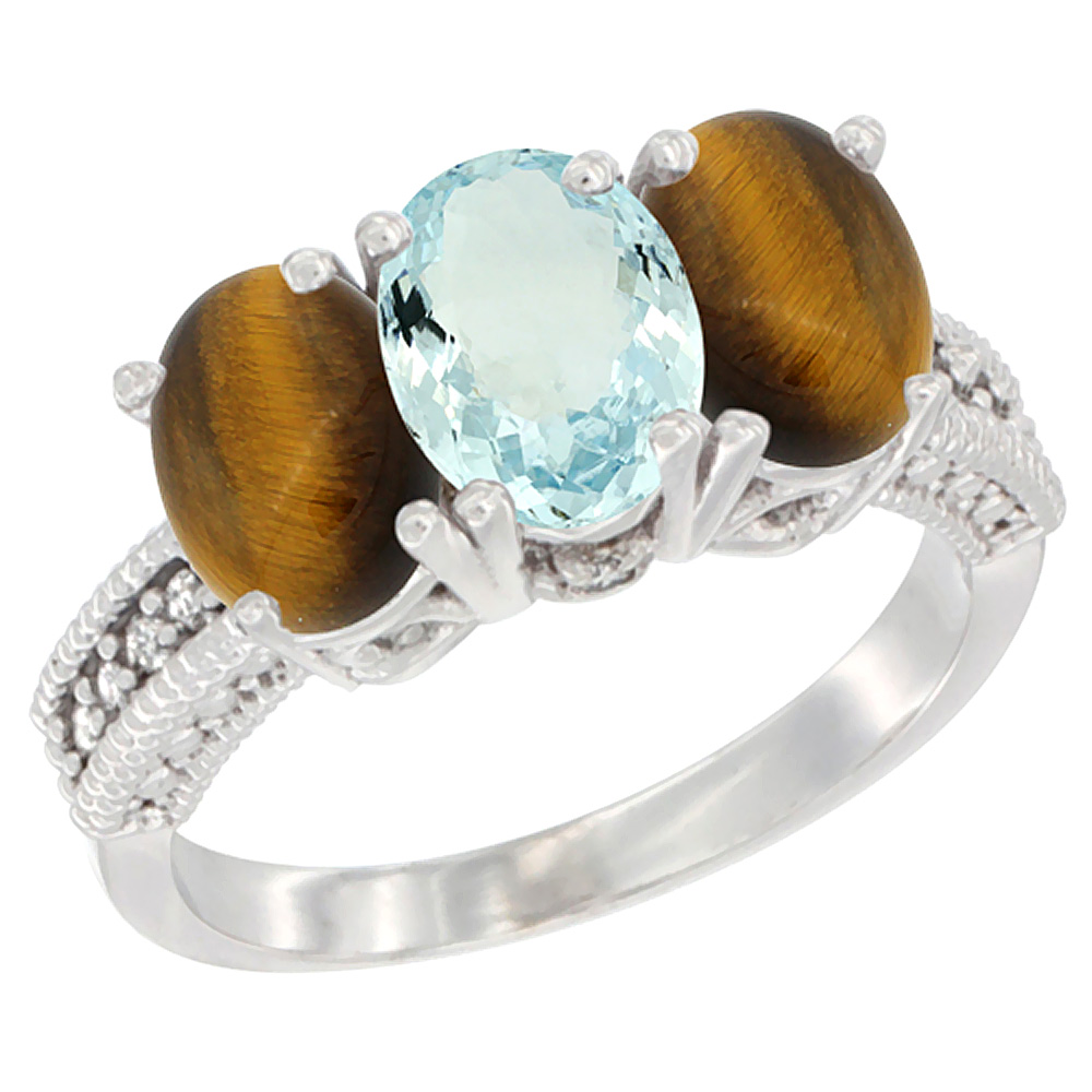 10K White Gold Diamond Natural Aquamarine & Tiger Eye Ring 3-Stone 7x5 mm Oval, sizes 5 - 10