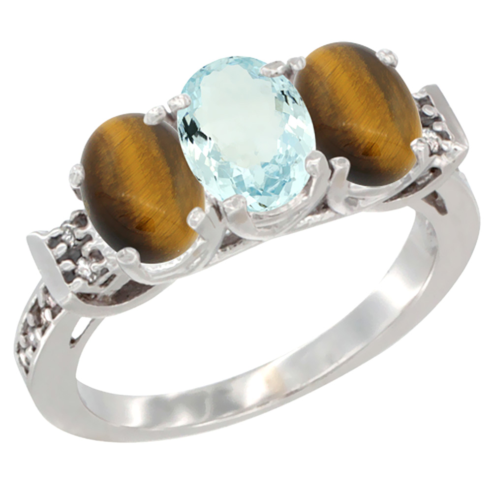 10K White Gold Natural Aquamarine &amp; Tiger Eye Sides Ring 3-Stone Oval 7x5 mm Diamond Accent, sizes 5 - 10