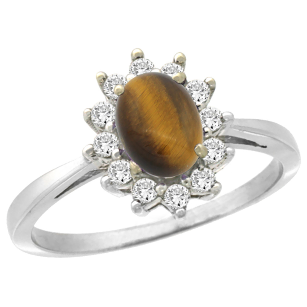 10k White Gold Natural Tiger Eye Engagement Ring Oval 7x5mm Diamond Halo, sizes 5-10