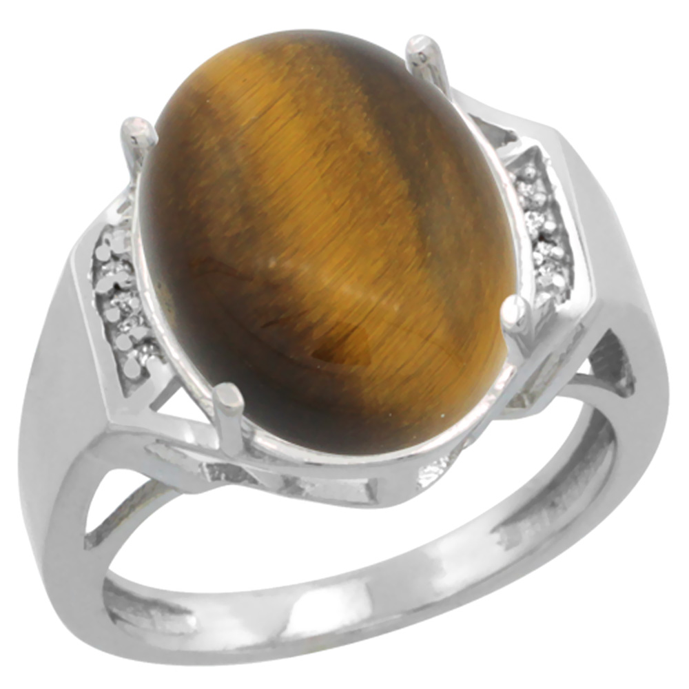 10K White Gold Diamond Natural Tiger Eye Ring Oval 16x12mm, sizes 5-10