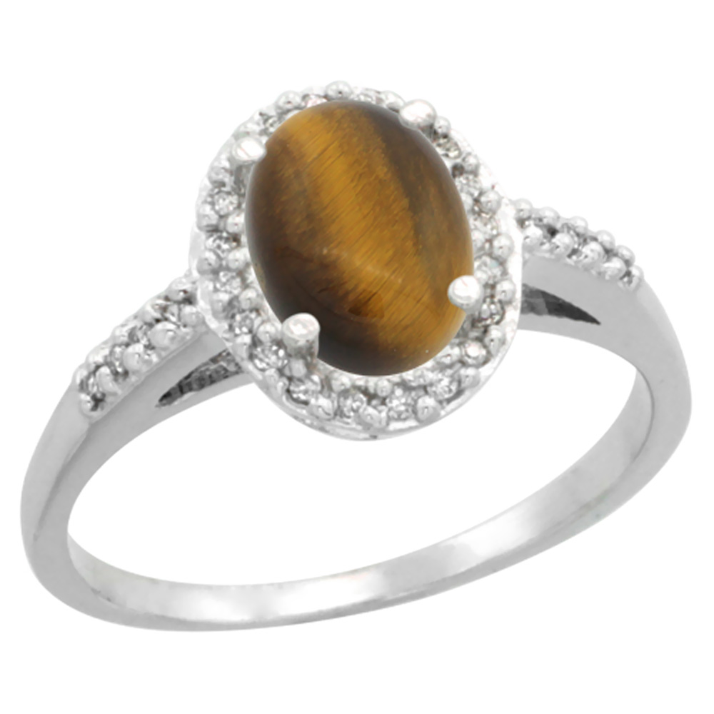 10K White Gold Diamond Natural Tiger Eye Ring Oval 8x6mm, sizes 5-10