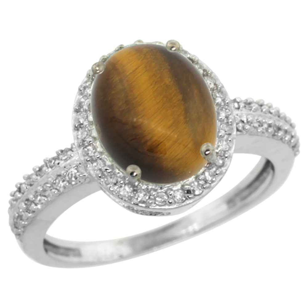 14K White Gold Diamond Natural Tiger Eye Engagement Ring Oval 10x8mm, sizes 5-10