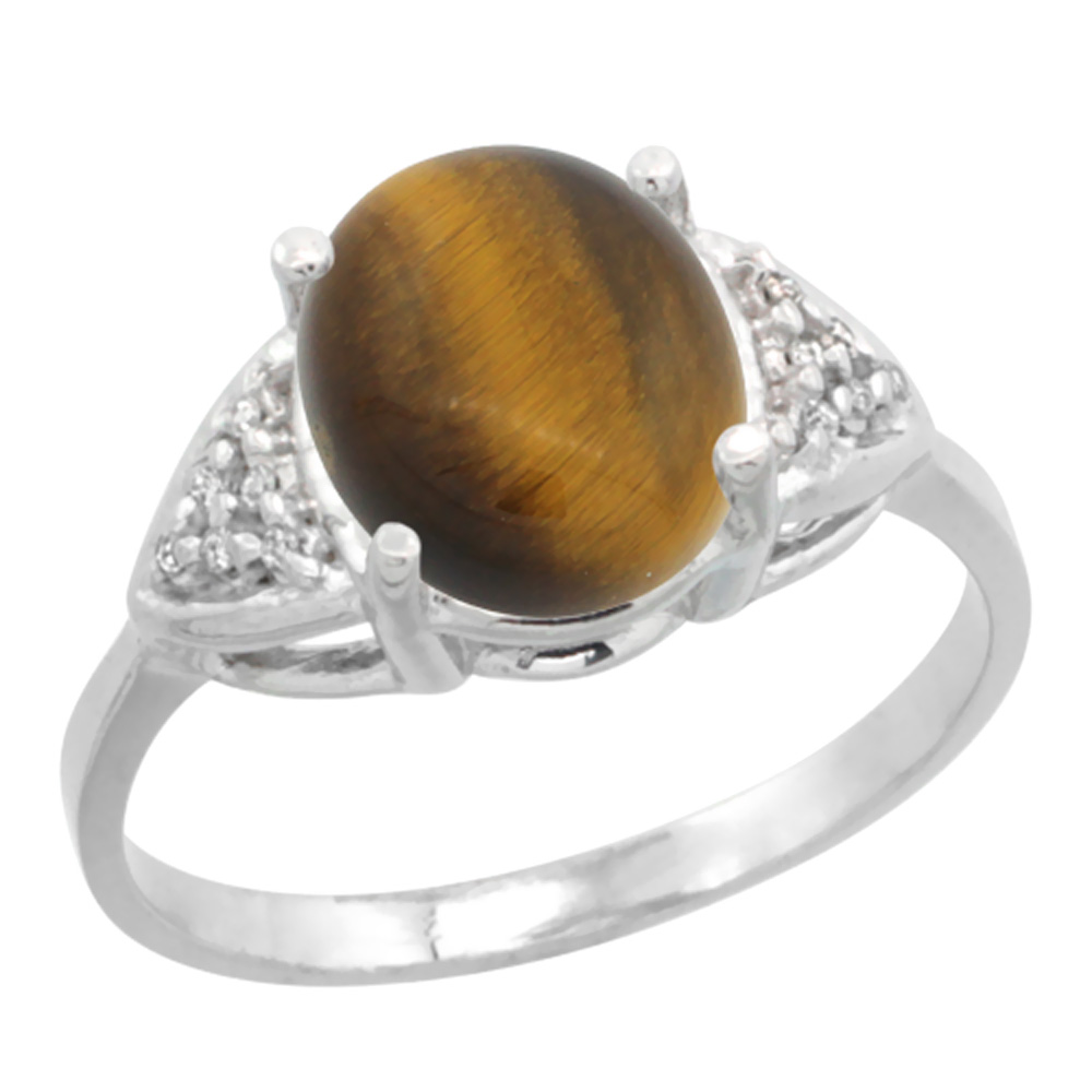 10K White Gold Diamond Natural Tiger Eye Engagement Ring Oval 10x8mm, sizes 5-10