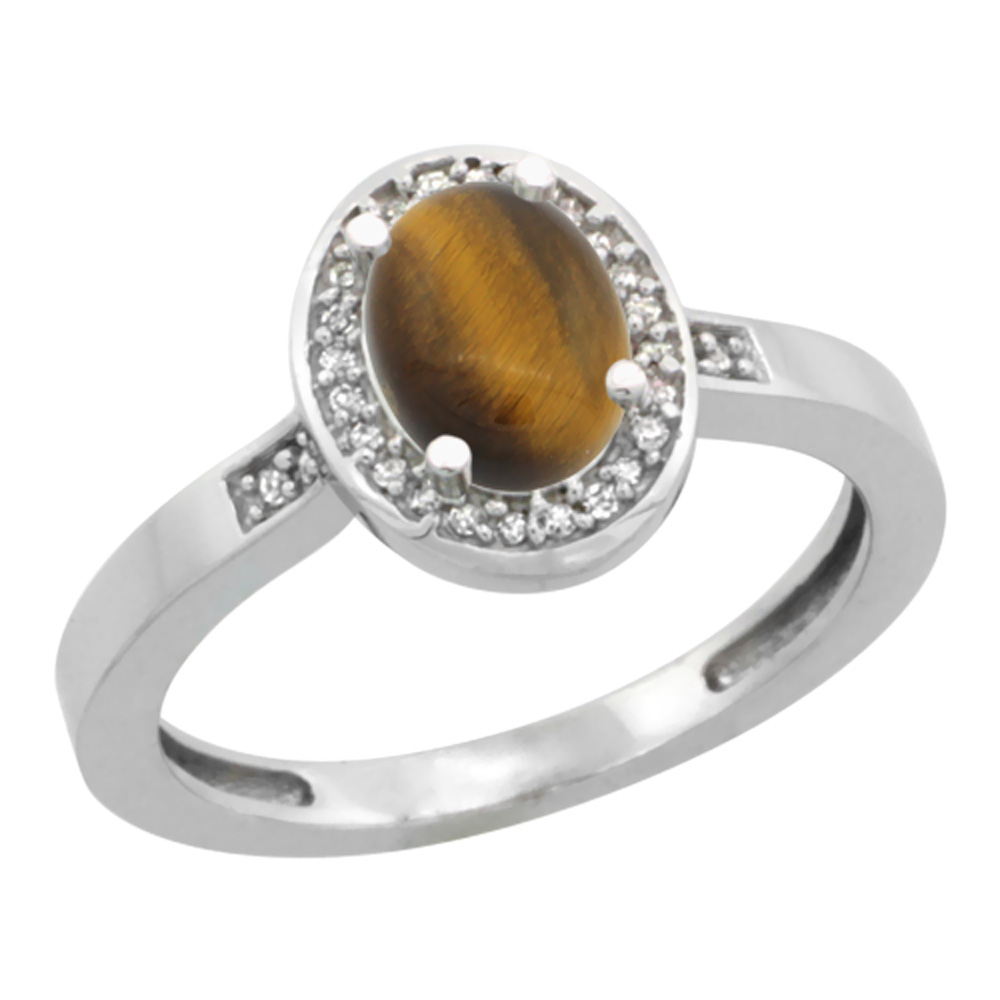 14K White Gold Diamond Natural Tiger Eye Engagement Ring Oval 7x5mm, sizes 5-10