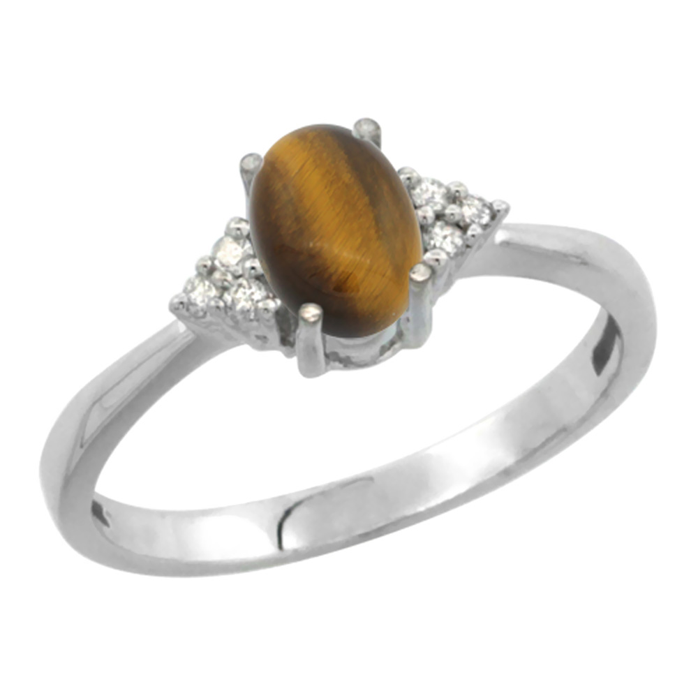 10K White Gold Diamond Natural Tiger Eye Engagement Ring Oval 7x5mm, sizes 5-10