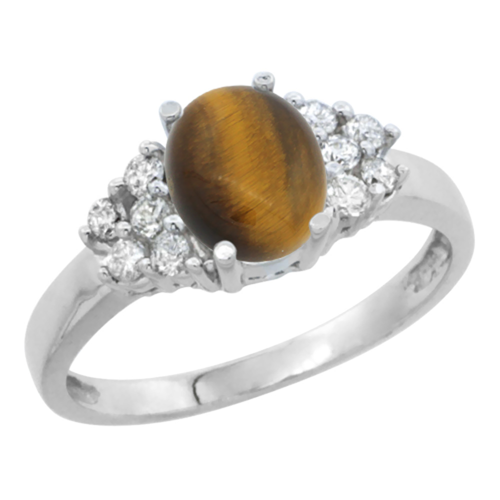 10K White Gold Natural Tiger Eye Ring Oval 8x6mm Diamond Accent, sizes 5-10
