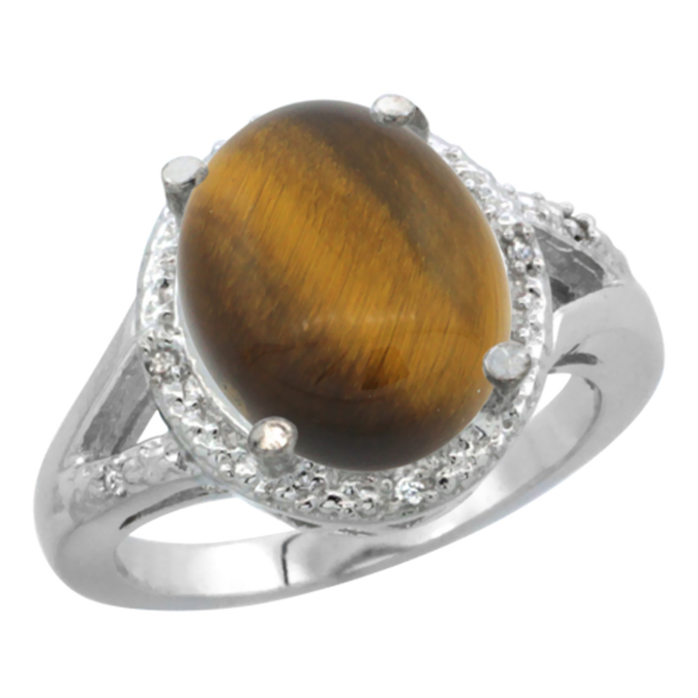 14K White Gold Natural Tiger Eye Ring Oval 12x10mm Diamond Accent, sizes 5-10