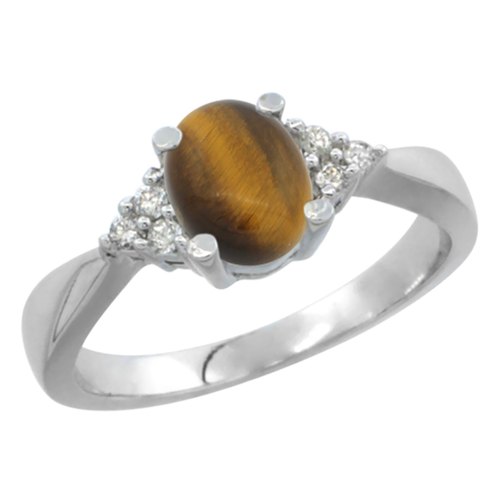 10K White Gold Diamond Natural Tiger Eye Engagement Ring Oval 7x5mm, sizes 5-10