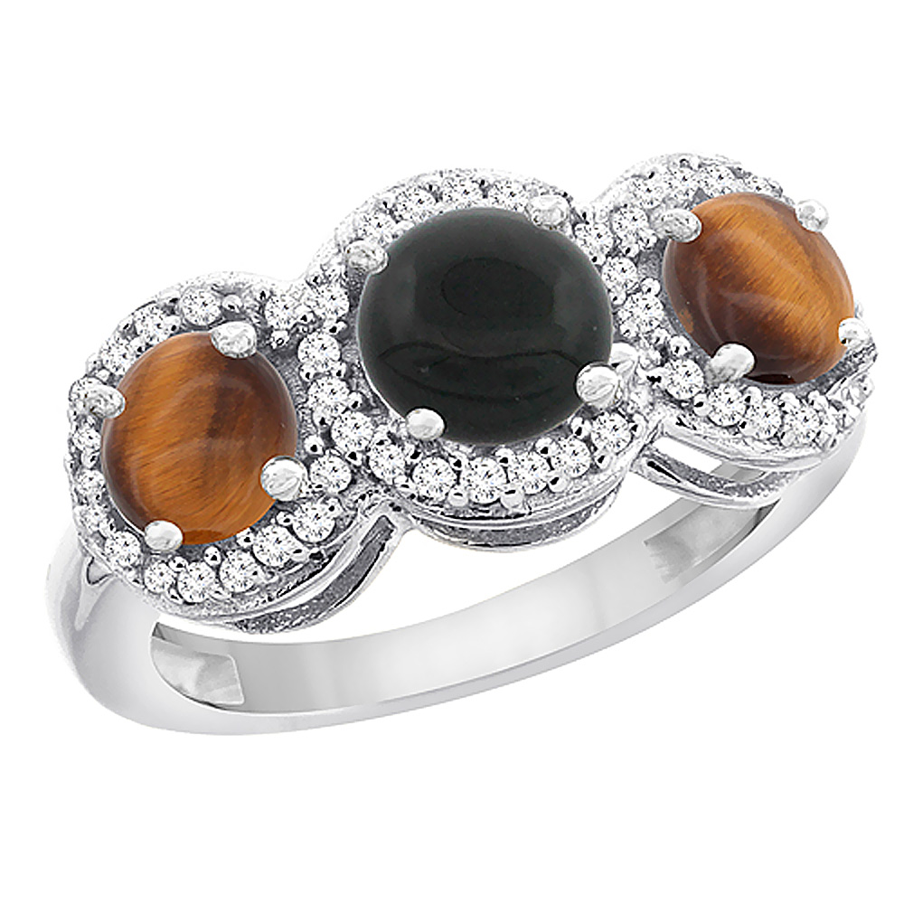 14K White Gold Natural Black Onyx &amp; Tiger Eye Sides Round 3-stone Ring Diamond Accents, sizes 5 - 10