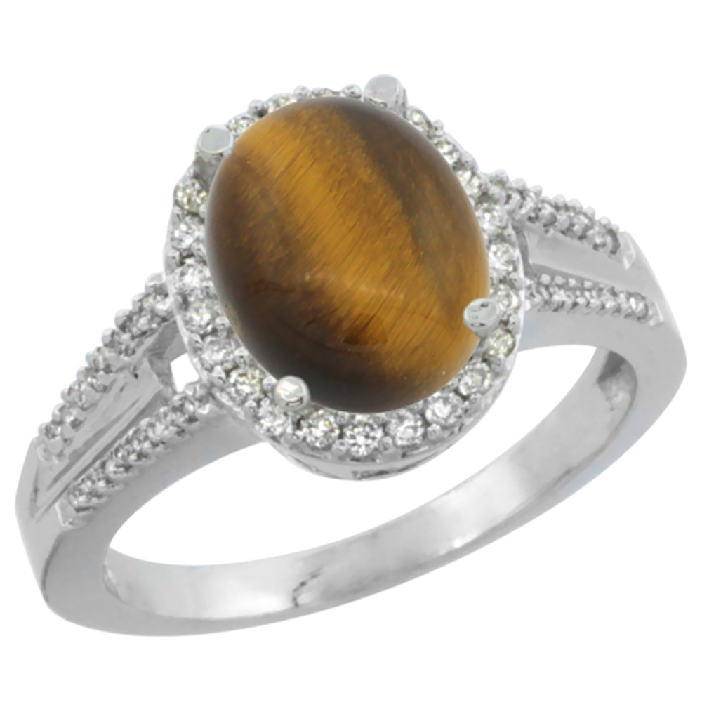 14K White Gold Diamond Natural Tiger Eye Engagement Ring Oval 10x8mm, sizes 5-10