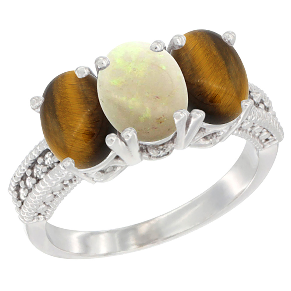 10K White Gold Diamond Natural Opal & Tiger Eye Ring 3-Stone 7x5 mm Oval, sizes 5 - 10