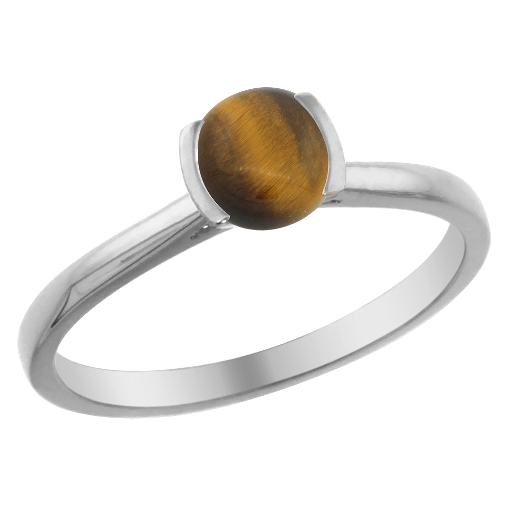 14K White Gold Natural Tiger Eye Solitaire Ring Round 5mm, sizes 5 - 10