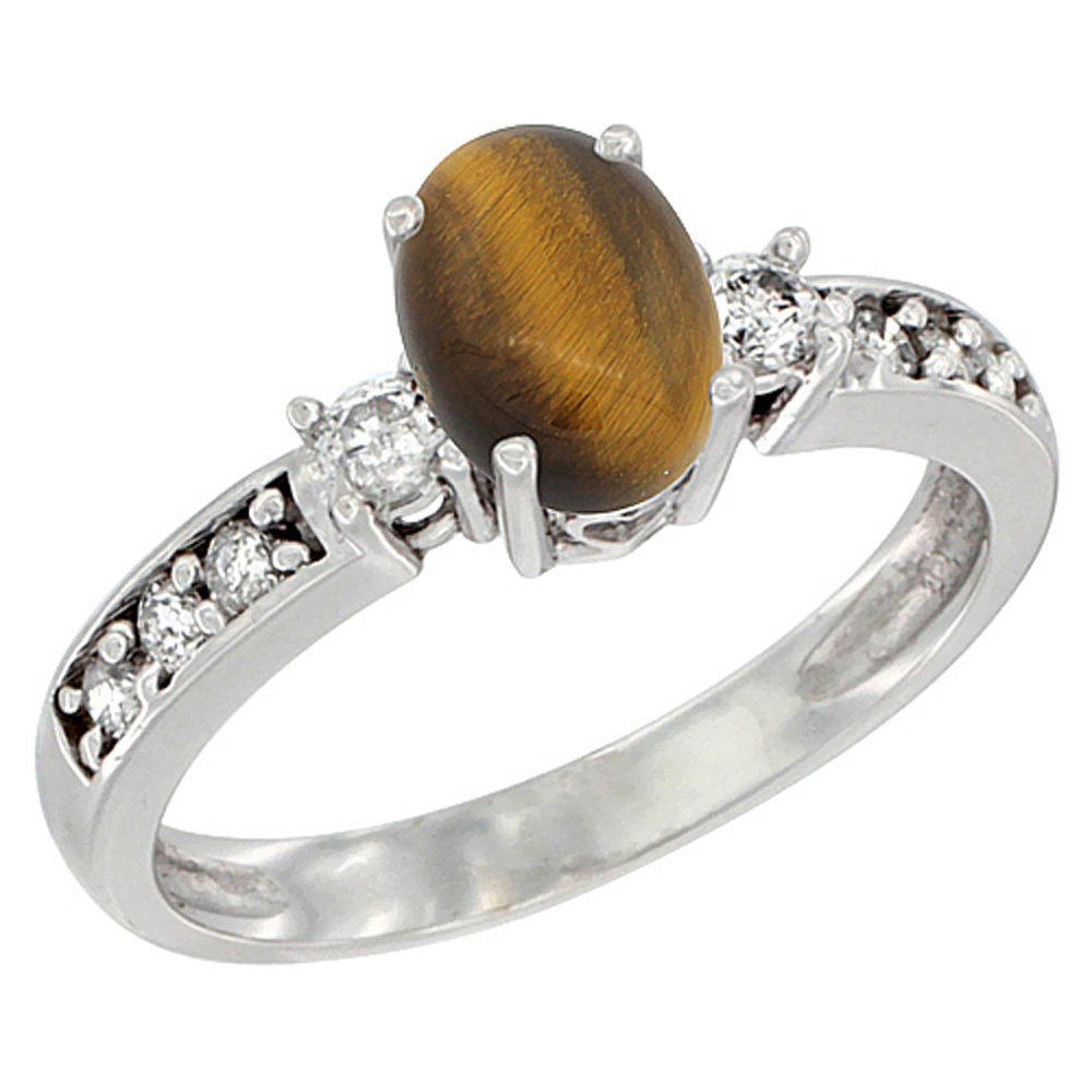 10k White Gold Natural Tiger Eye Ring Oval 7x5 mm Diamond Accent, sizes 5 - 10