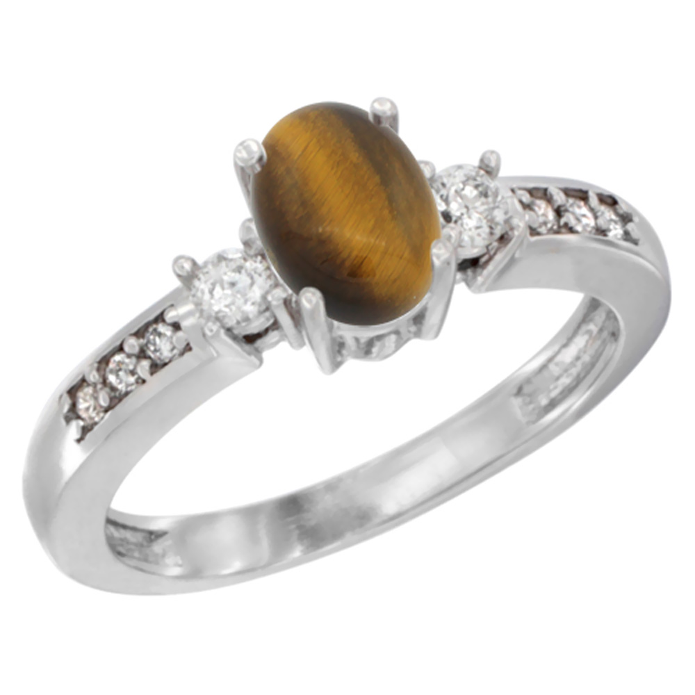 14K White Gold Diamond Natural Tiger Eye Engagement Ring Oval 7x5 mm, sizes 5 - 10