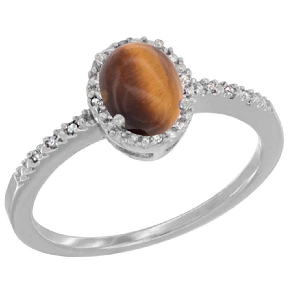 14K White Gold Diamond Natural Tiger Eye Engagement Ring Oval 7x5 mm, sizes 5 - 10