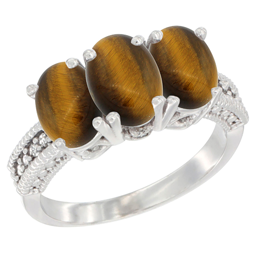 10K White Gold Diamond Natural Tiger Eye Ring 3-Stone 7x5 mm Oval, sizes 5 - 10