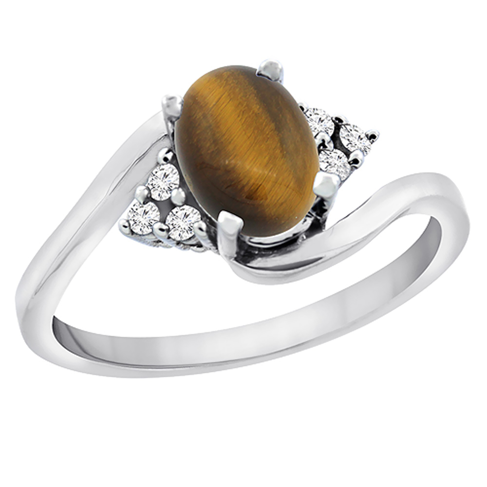 14K White Gold Diamond Natural Tiger Eye Engagement Ring Oval 7x5mm, sizes 5 - 10