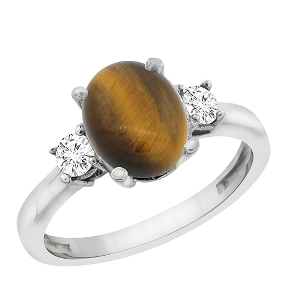 14K White Gold Natural Tiger Eye Engagement Ring Oval 10x8 mm Diamond Sides, sizes 5 - 10