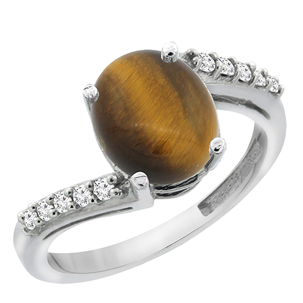 14K White Gold Diamond Natural Tiger Eye Engagement Ring Oval 10x8mm, sizes 5-10