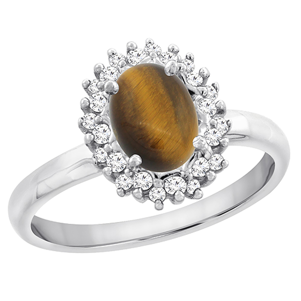 10K White Gold Diamond Natural Tiger Eye Engagement Ring Oval 7x5mm, sizes 5 - 10