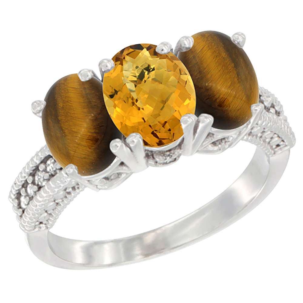 14K White Gold Natural Whisky Quartz &amp; Tiger Eye Sides Ring 3-Stone 7x5 mm Oval Diamond Accent, sizes 5 - 10