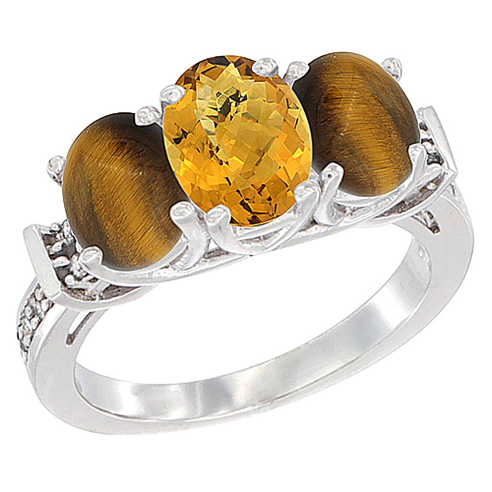 14K White Gold Natural Whisky Quartz &amp; Tiger Eye Sides Ring 3-Stone Oval Diamond Accent, sizes 5 - 10