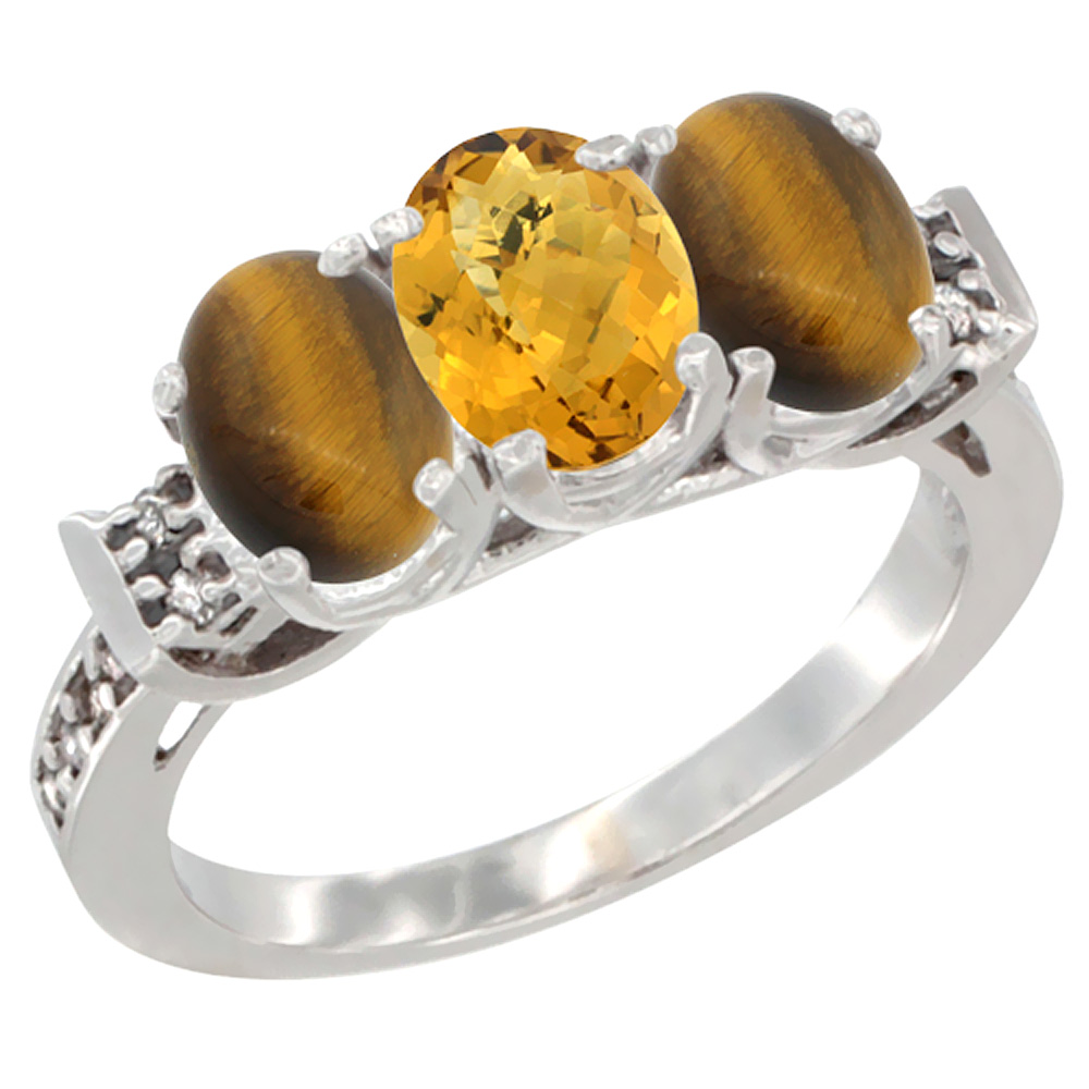 14K White Gold Natural Whisky Quartz &amp; Tiger Eye Sides Ring 3-Stone Oval 7x5 mm Diamond Accent, sizes 5 - 10