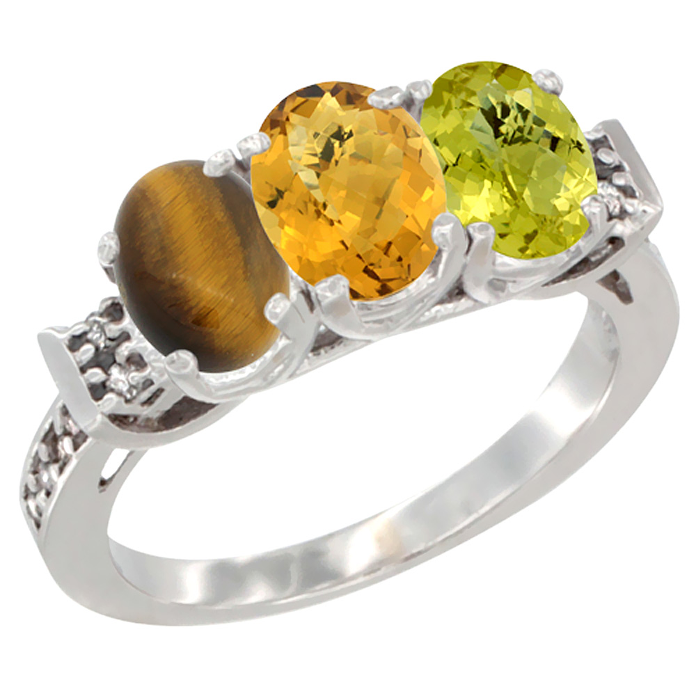 10K White Gold Natural Tiger Eye, Whisky Quartz & Lemon Quartz Ring 3-Stone Oval 7x5 mm Diamond Accent, sizes 5 - 10